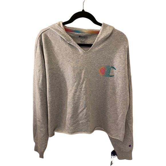 Champion light gray long-sleeve cropped hoodie. Size M. Authentic Athletic wear. - Picture 2 of 10